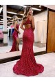 Buy Mermaid One Shoulder Sleeveless Long Sweep Train Velvet Sequin Prom Dress with High Slit UK