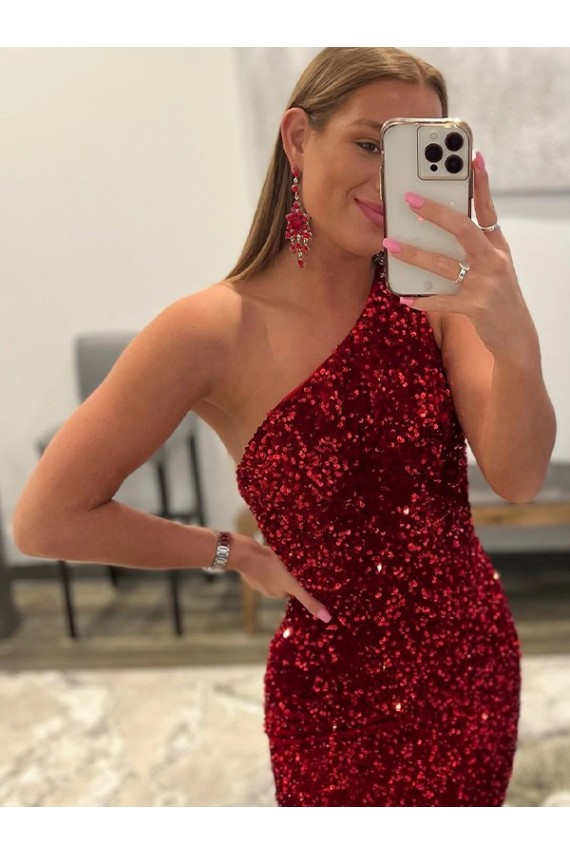 Buy Open Back One Shoulder Sleeveless Long Sweep Train Velvet Sequin Prom Dress UK