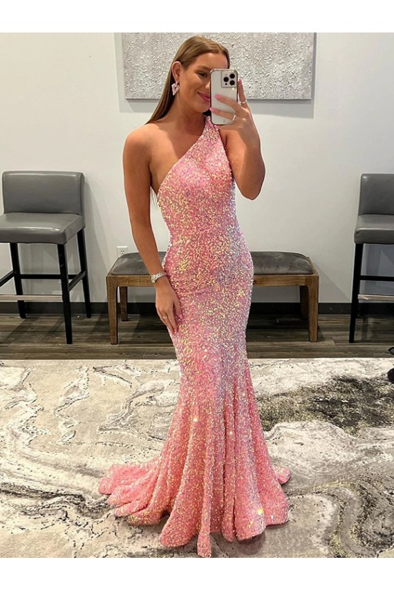 Buy Open Back One Shoulder Sleeveless Long Sweep Train Velvet Sequin Prom Dress UK