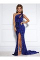 Buy Mermaid One Shoulder Sleeveless Long Court Train Velvet Sequin Prom Dress with Slit UK