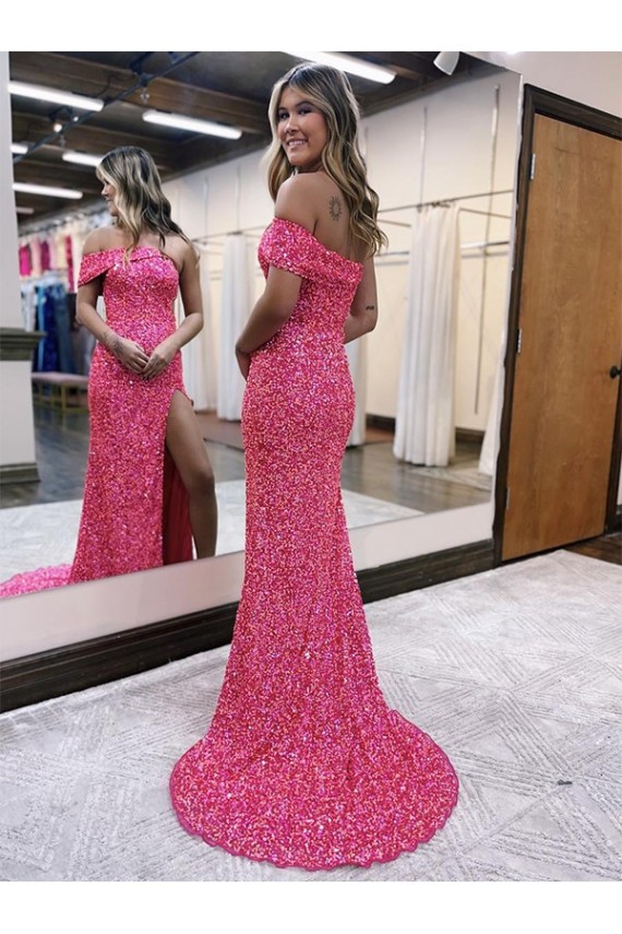 Buy One Shoulder Sleeveless Long Sweep Train Velvet Sequin Prom Dress with Side Slit UK