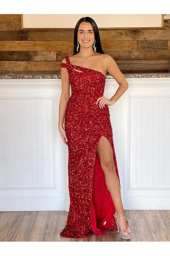 Buy One Shoulder Sleeveless Long Sweep Train Velvet Sequin Prom Dress UK