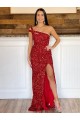 Buy One Shoulder Sleeveless Long Sweep Train Velvet Sequin Prom Dress UK