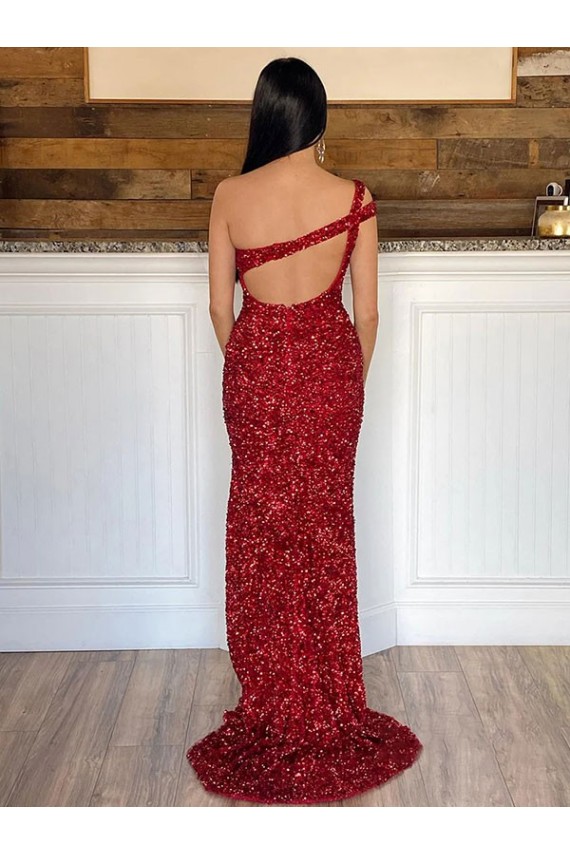 Buy One Shoulder Sleeveless Long Sweep Train Velvet Sequin Prom Dress UK