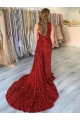 Buy One Shoulder Sleeveless Long Court Train Velvet Sequin Prom Dress with Slit UK