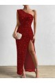 Buy One Shoulder Sleeveless Long Floor Length Velvet Sequin Prom Dress with Slit UK