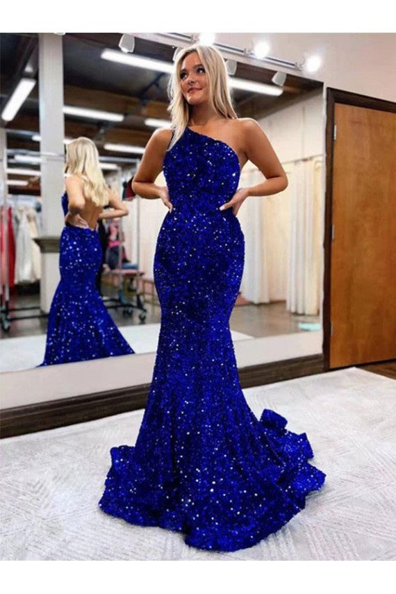 Buy Mermaid One Shoulder Open Back Long Sweep Train Velvet Sequin Prom Dress UK