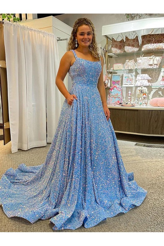 Buy A-Line Scoop Sleeveless Long Court Train Velvet Sequin Prom Dress UK