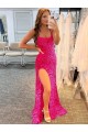 Buy Spaghetti Straps Sleeveless Long Velvet Sequin Prom Dress with Slit and Criss Cross Open Back UK