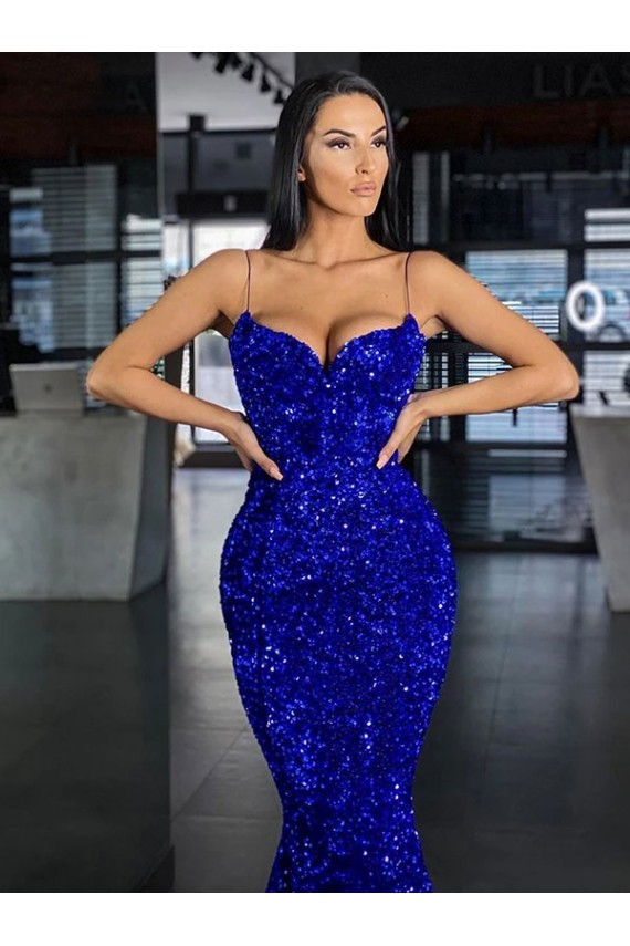 Buy Mermaid Spaghetti Straps Sleeveless Long Sweep Train Velvet Sequin Prom Dress UK