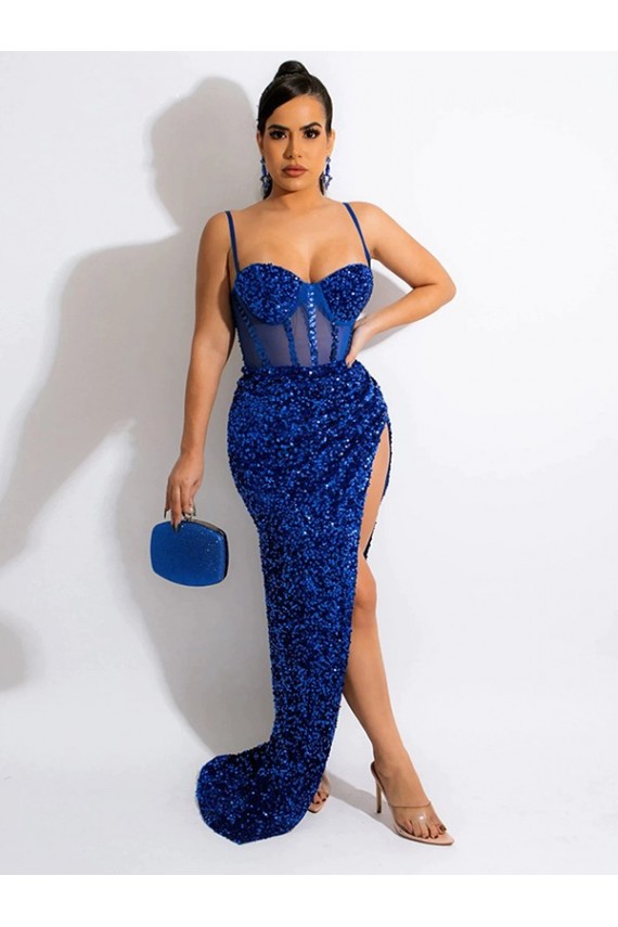 Buy Long Sweep Train Spaghetti Straps Sleeveless Velvet Sequin Prom Dress with Slit UK
