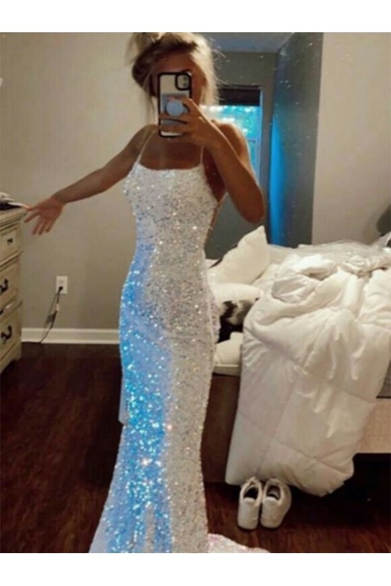 Buy Long Spaghetti Straps Sleeveless Sweep Train Velvet Sequin Prom Dress UK