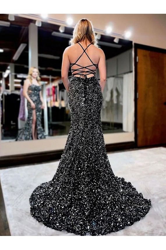 Buy Spaghetti Straps Sleeveless Long Sweep Train Velvet Sequin Prom Dress UK
