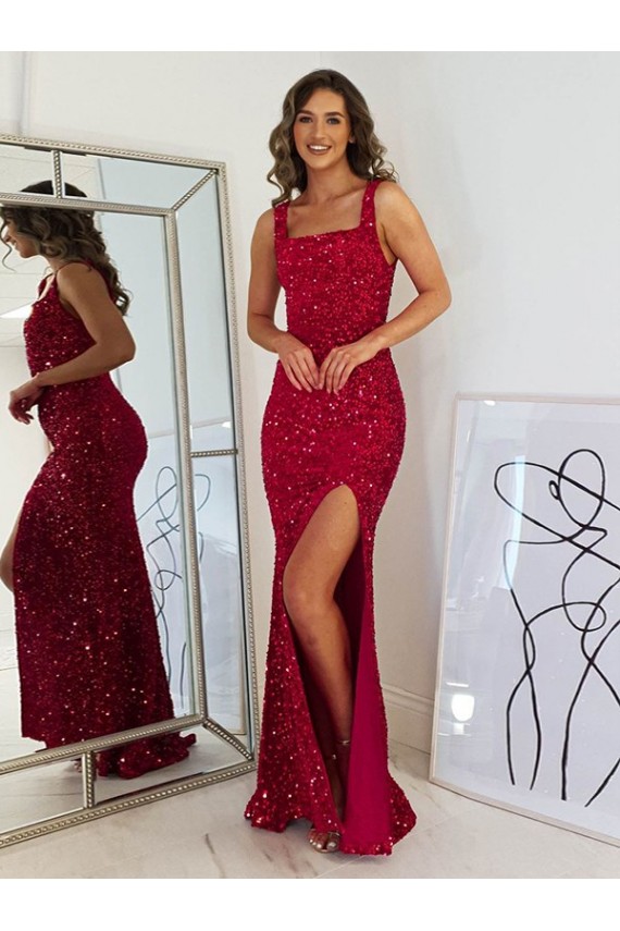 Buy Square Neck Sleeveless Long Velvet Sequin Prom Dress with Slit UK
