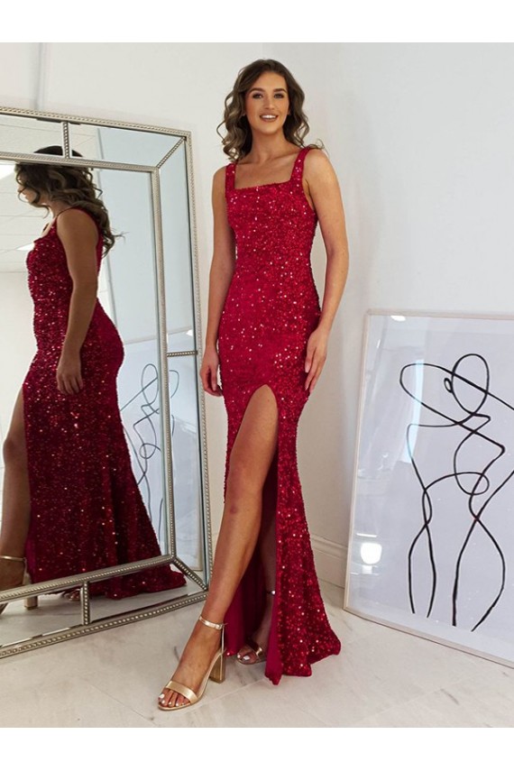 Buy Square Neck Sleeveless Long Velvet Sequin Prom Dress with Slit UK