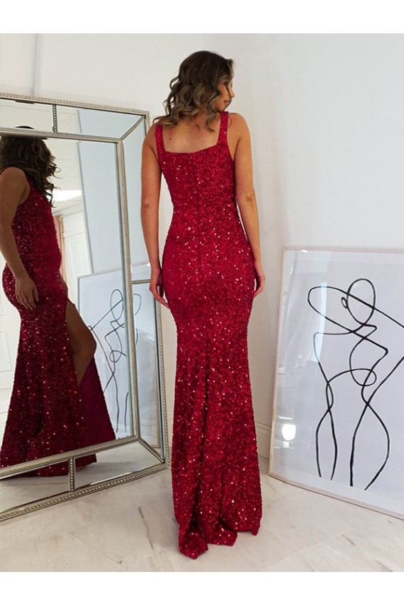 Buy Square Neck Sleeveless Long Velvet Sequin Prom Dress with Slit UK