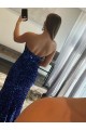 Buy Strapless Sleeveless Long Sweep Train Velvet Sequin Prom Dress with Side Slit UK