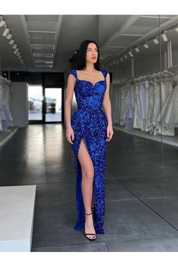Buy Sleeveless Long Sweep Train Velvet Sequin Prom Dress with High Slit and Straps UK