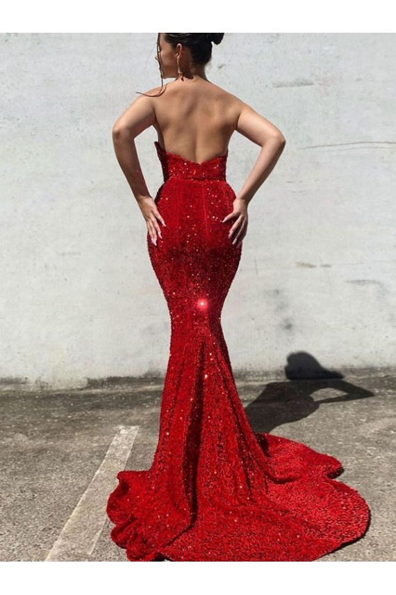 Buy Mermaid Sweetheart Sleeveless Long Court Train Velvet Sequin Prom Dress UK