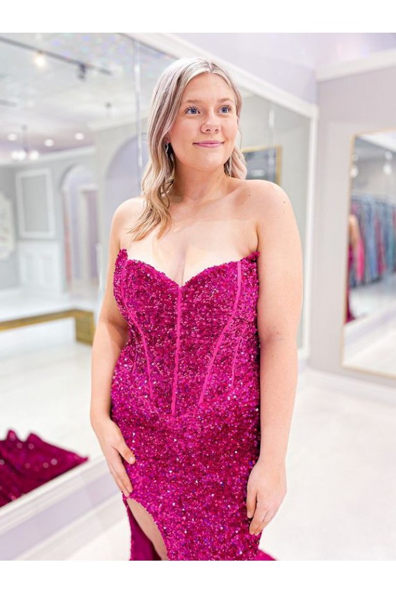 Buy Long Sweetheart Sleeveless Sweep Train Velvet Sequin Prom Dress with Slit UK