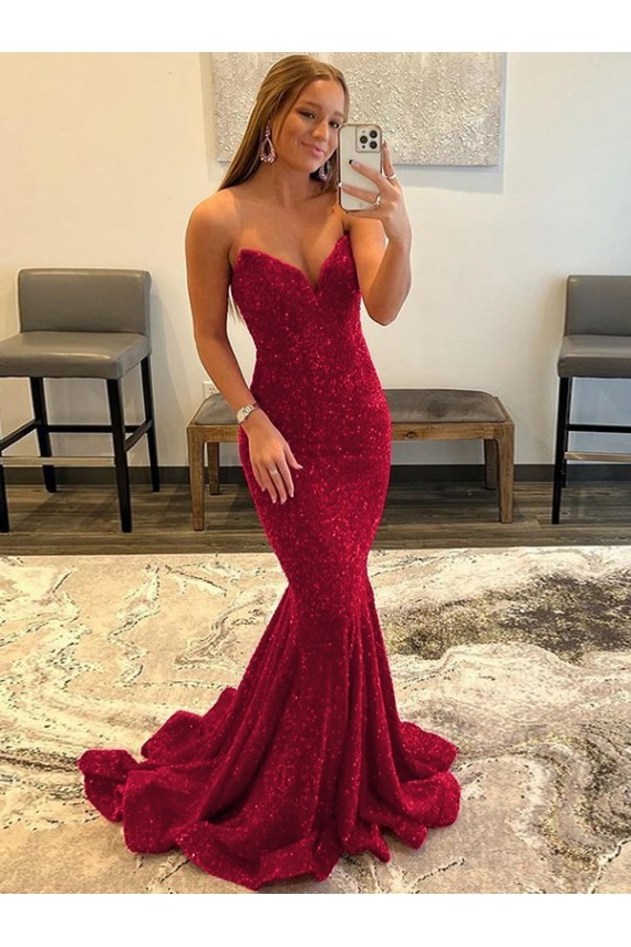Buy Sweetheart Sleeveless Long Sweep Train Velvet Sequin Prom Dress UK