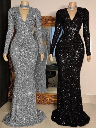 Buy V-Neck Long Sleeves Long Sweep Train Velvet Sequin Prom Dress UK