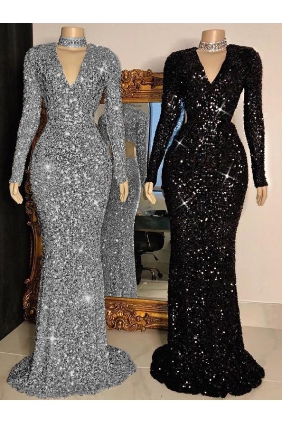 Buy V-Neck Long Sleeves Long Sweep Train Velvet Sequin Prom Dress UK