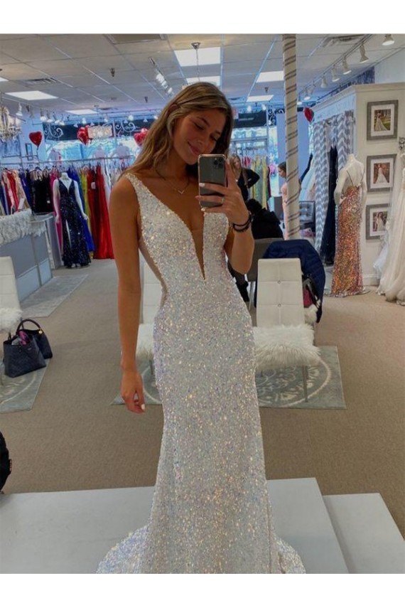 Buy V-Neck Sleeveless Long Velvet Sequin Prom Dress with Sweep Train UK