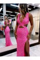 Buy Long V-Neck Sleeveless Sweep Train Velvet Sequin Prom Dress with High Slit UK