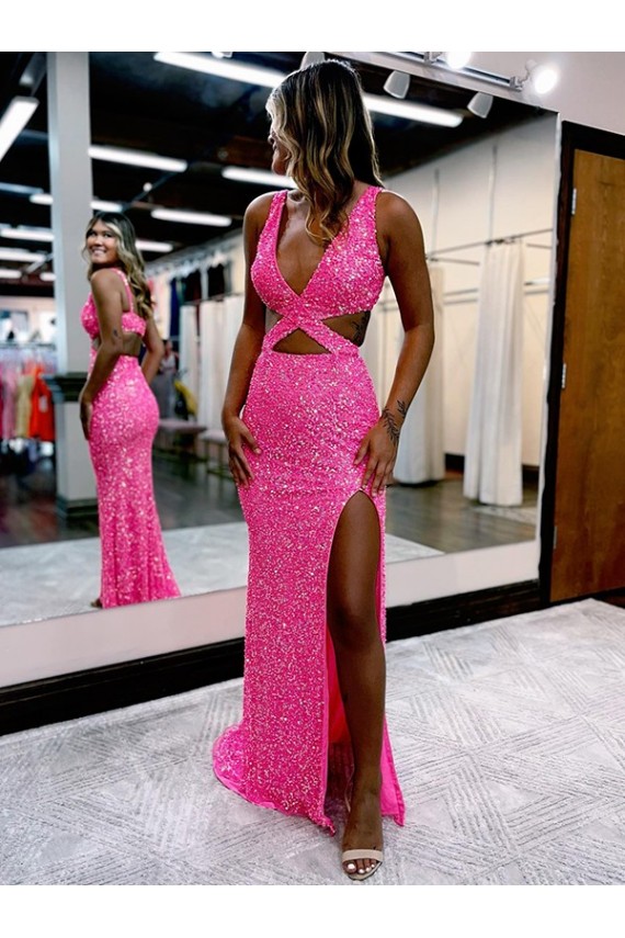 Buy Long V-Neck Sleeveless Sweep Train Velvet Sequin Prom Dress with High Slit UK
