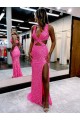 Buy Long V-Neck Sleeveless Sweep Train Velvet Sequin Prom Dress with High Slit UK