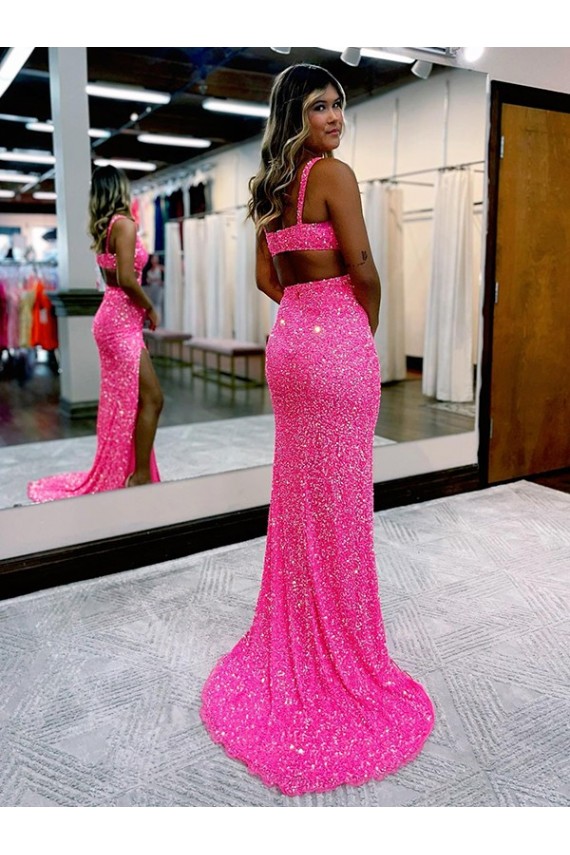 Buy Long V-Neck Sleeveless Sweep Train Velvet Sequin Prom Dress with High Slit UK