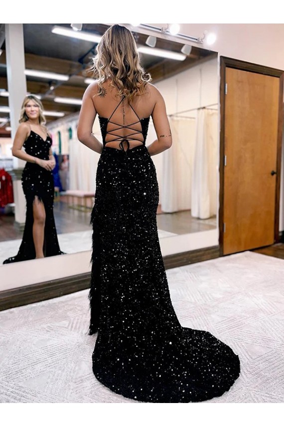 Buy V-Neck Sleeveless Long Velvet Sequin Royal Blue Prom Dress with Side Slit UK