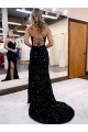 Buy V-Neck Sleeveless Long Velvet Sequin Royal Blue Prom Dress with Side Slit UK