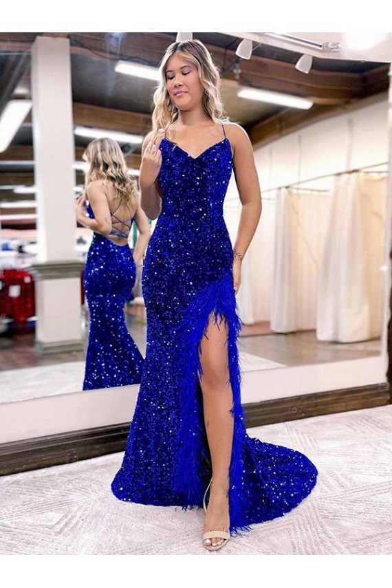 Buy V-Neck Sleeveless Long Velvet Sequin Royal Blue Prom Dress with Side Slit UK