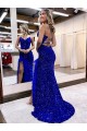Buy V-Neck Sleeveless Long Velvet Sequin Royal Blue Prom Dress with Side Slit UK
