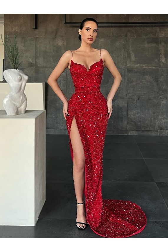 Buy V-Neck Sleeveless Long Sweep Train Velvet Sequin Prom Dress with High Side Slit UK