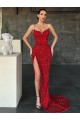 Buy V-Neck Sleeveless Long Sweep Train Velvet Sequin Prom Dress with High Side Slit UK