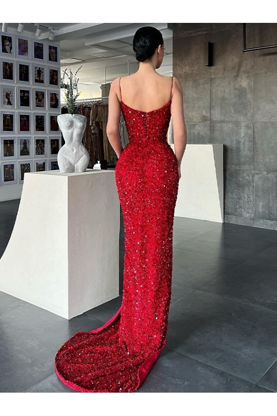 Buy V-Neck Sleeveless Long Sweep Train Velvet Sequin Prom Dress with High Side Slit UK