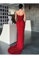 Buy V-Neck Sleeveless Long Sweep Train Velvet Sequin Prom Dress with High Side Slit UK