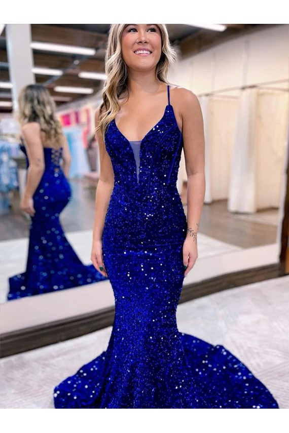 Buy Mermaid V-Neck Sleeveless Long Court Train Velvet Sequin Prom Dress UK