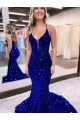 Buy Mermaid V-Neck Sleeveless Long Court Train Velvet Sequin Prom Dress UK