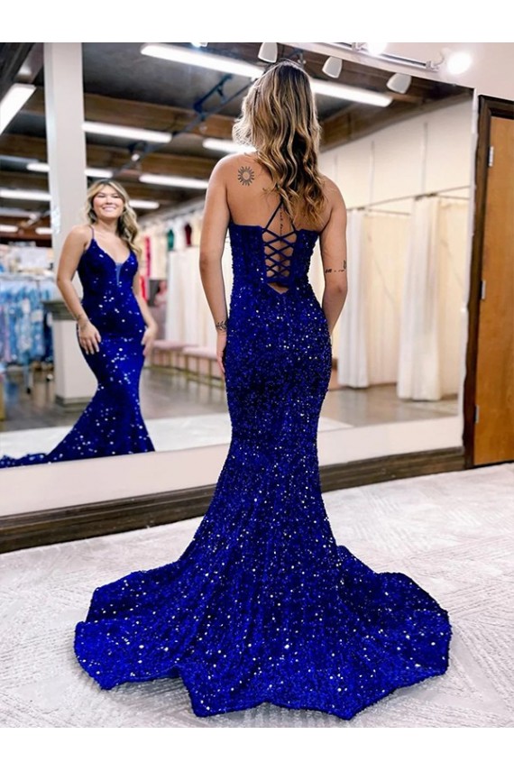 Buy Mermaid V-Neck Sleeveless Long Court Train Velvet Sequin Prom Dress UK