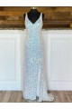 Buy V-Neck Sleeveless Long Sweep Train Velvet Sequin Prom Dress UK