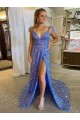 Buy A-Line V-Neck Sleeveless Long Court Train Velvet Sequin Prom Dress with High Slit UK