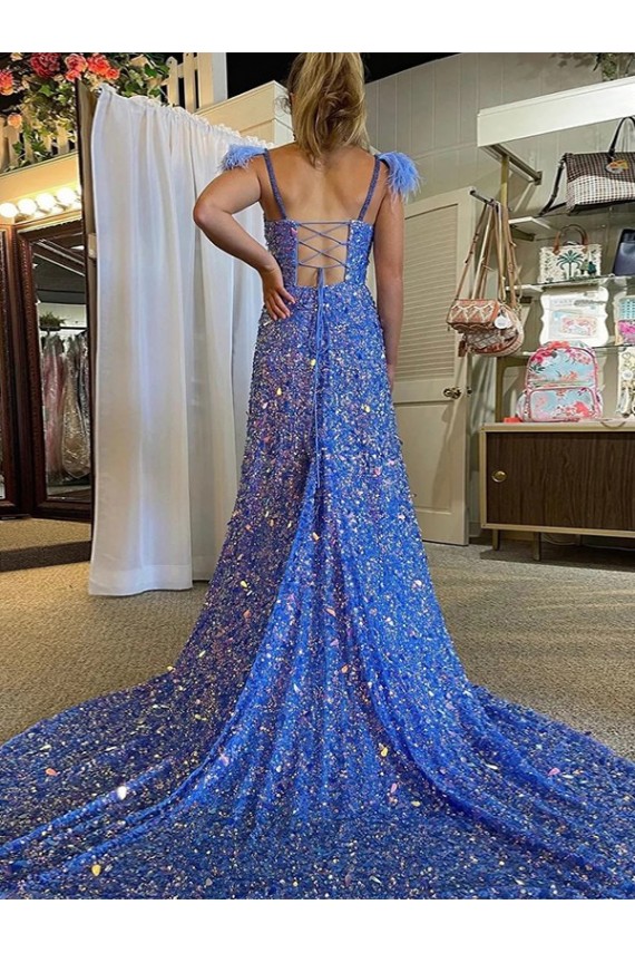 Buy A-Line V-Neck Sleeveless Long Court Train Velvet Sequin Prom Dress with High Slit UK