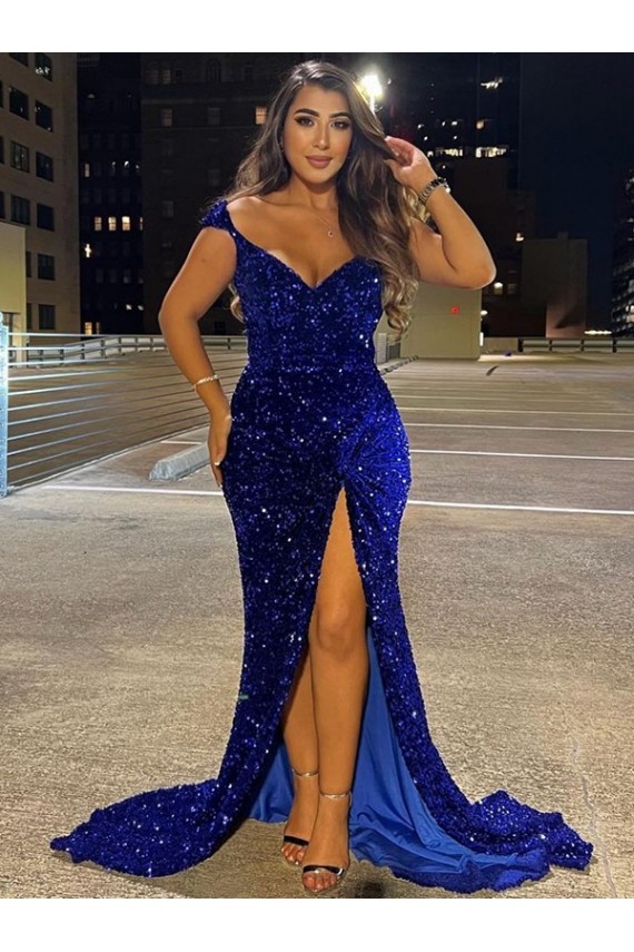 Buy V-Neck Sleeveless Long Sweep Train Velvet Sequin Prom Dress with Slit UK