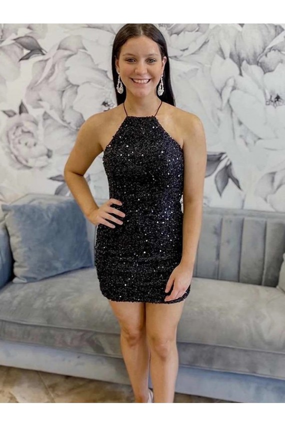 Buy Halter Sleeveless Short Velvet Sequin Homecoming Dress / Prom Dress UK
