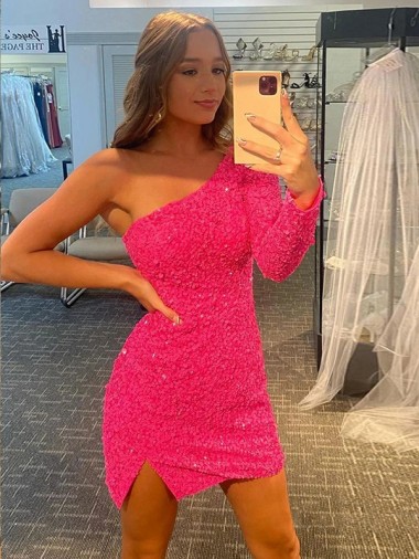 Buy Short Velvet Sequin One Shoulder Long Sleeves Homecoming Dress / Prom Dress UK