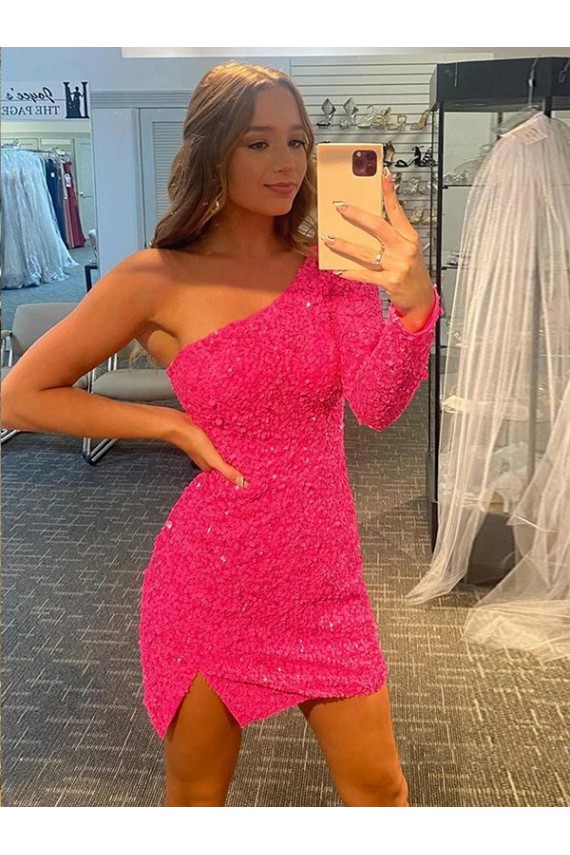 Buy Short Velvet Sequin One Shoulder Long Sleeves Homecoming Dress / Prom Dress UK